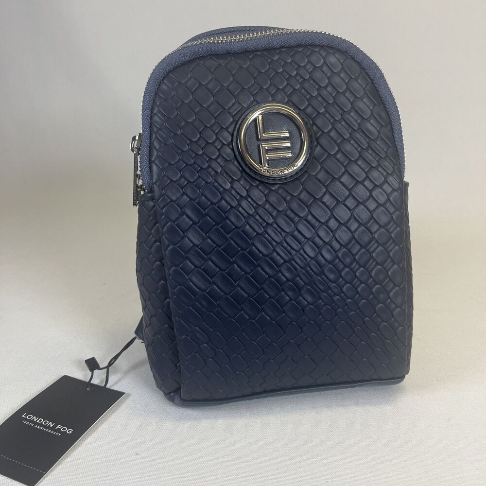 London Fog Broadway Navy Faux Leather Woven Crossbody Sling Bag NWT